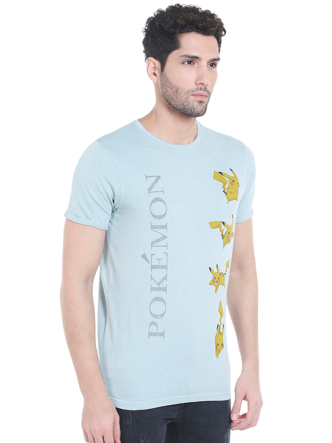 X Pokemon Light Blue Pikachu Print Crew Neck T-Shirt