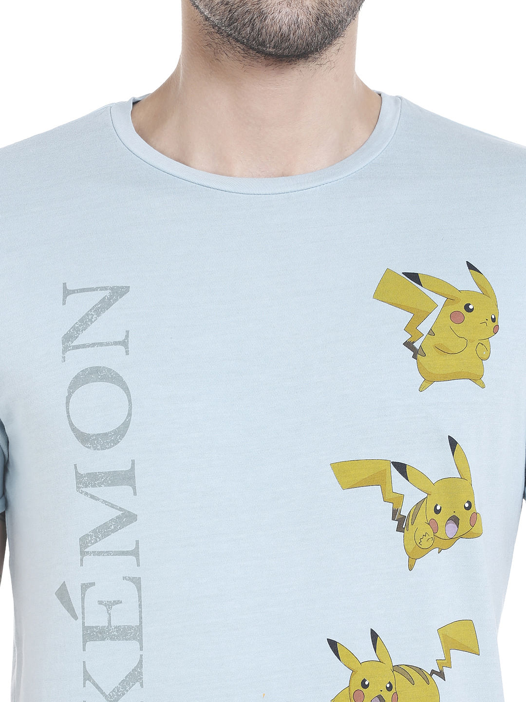 X Pokemon Light Blue Pikachu Print Crew Neck T-Shirt