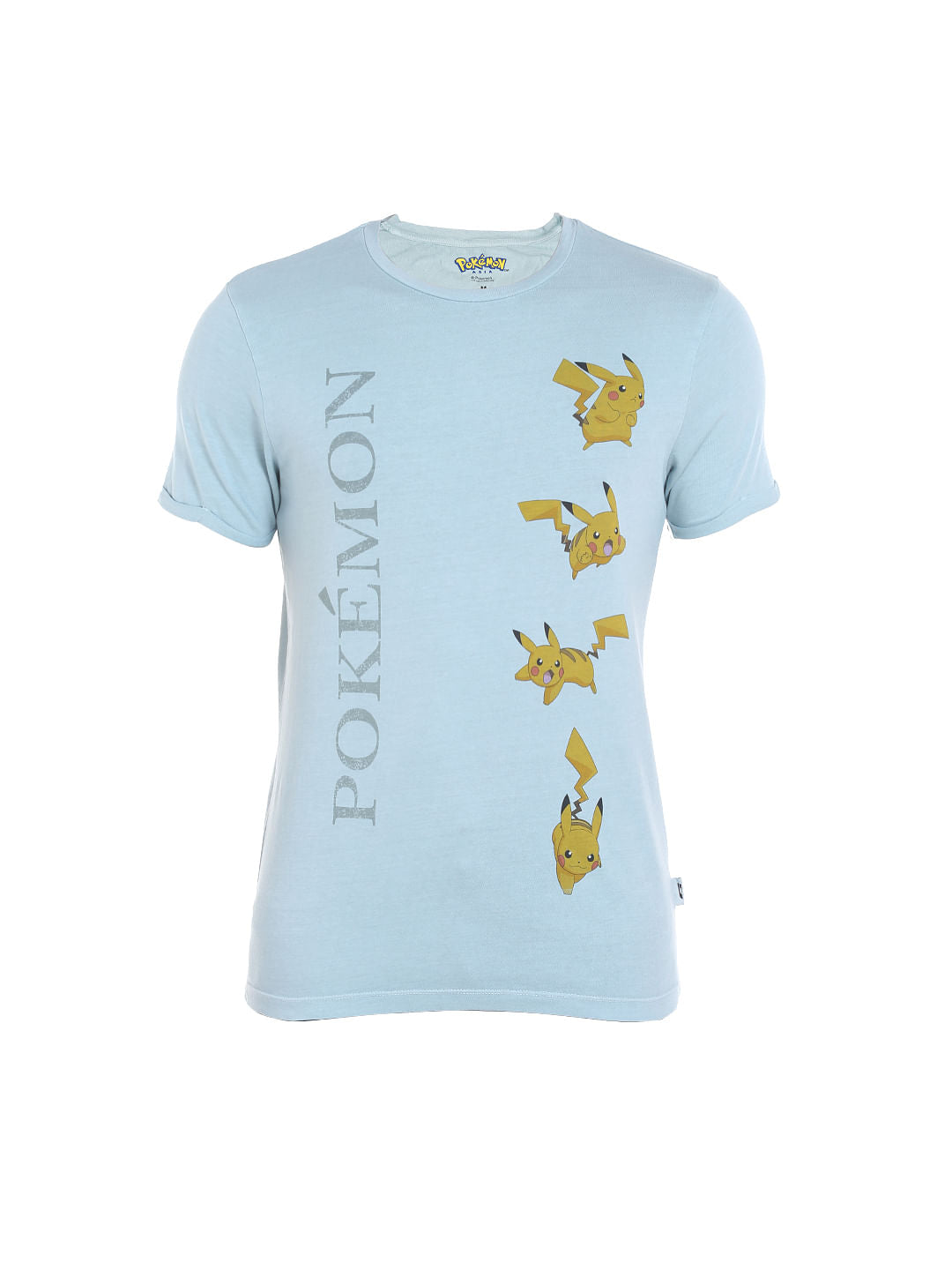X Pokemon Light Blue Pikachu Print Crew Neck T-Shirt