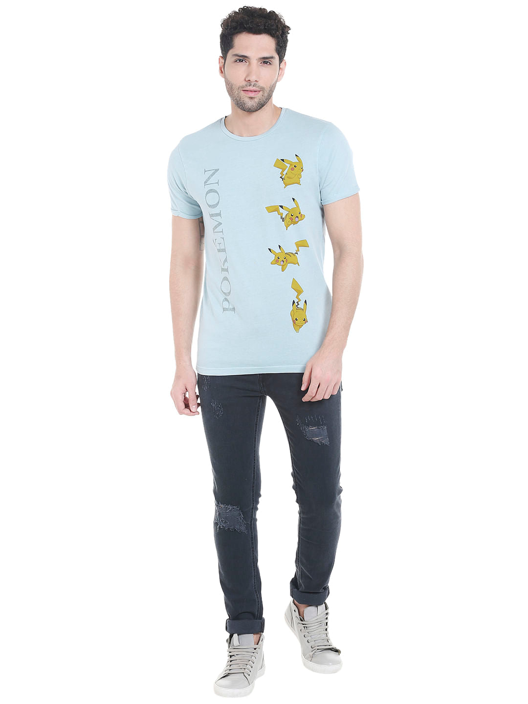 X Pokemon Light Blue Pikachu Print Crew Neck T-Shirt