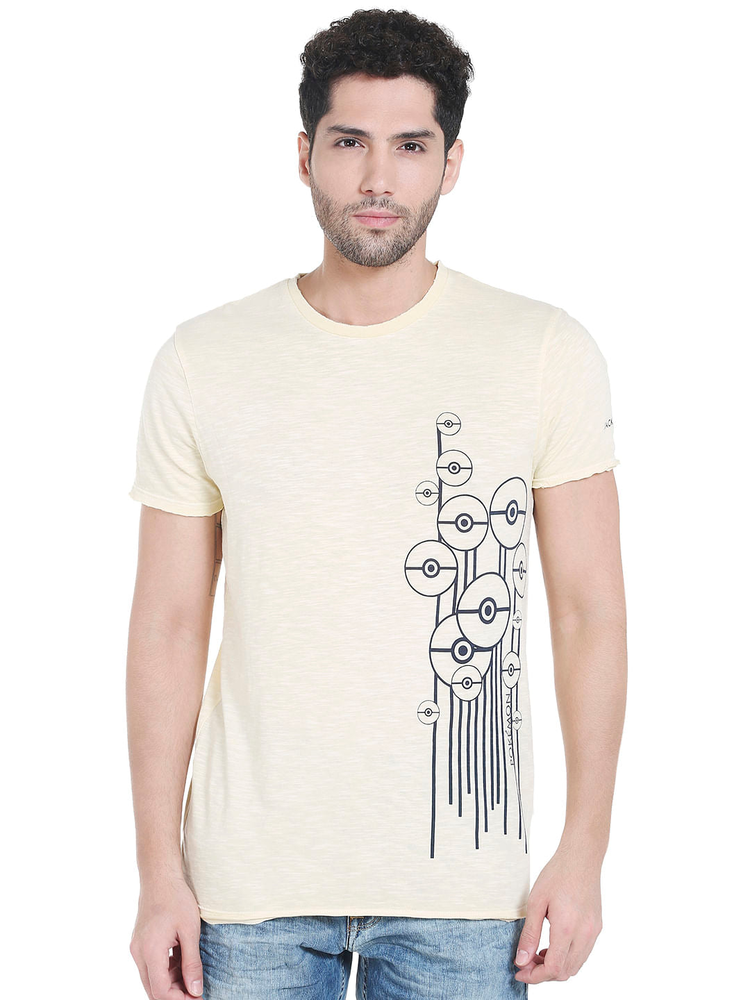 X Pokemon Light Yellow Poke Ball Print Crew Neck T-Shirt - S