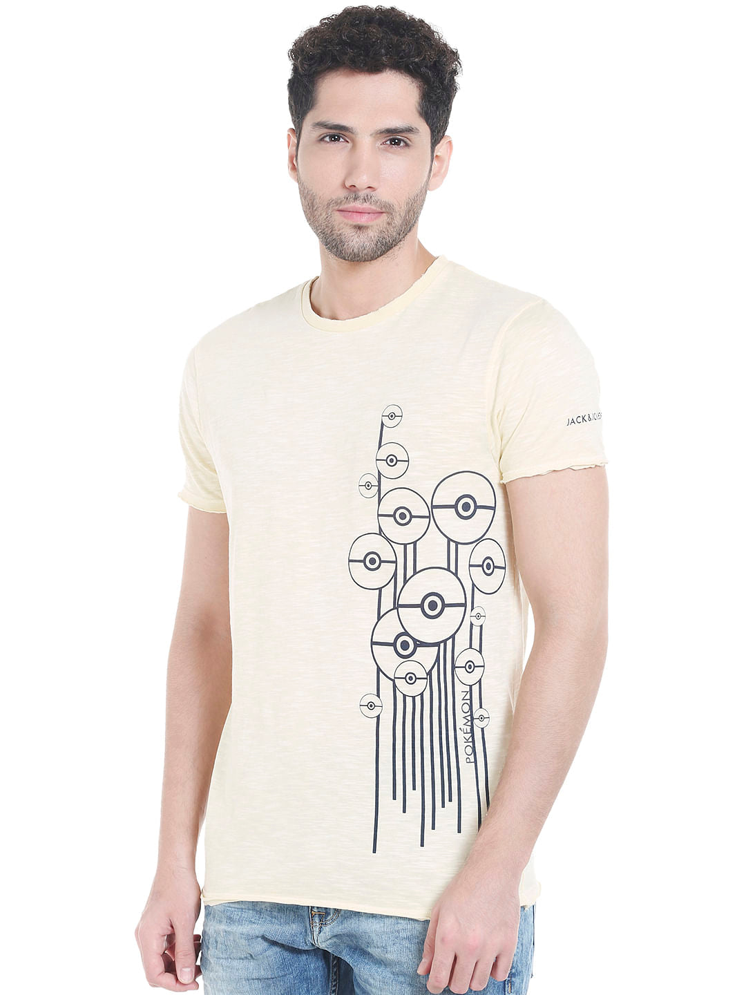 X Pokemon Light Yellow Poke Ball Print Crew Neck T-Shirt