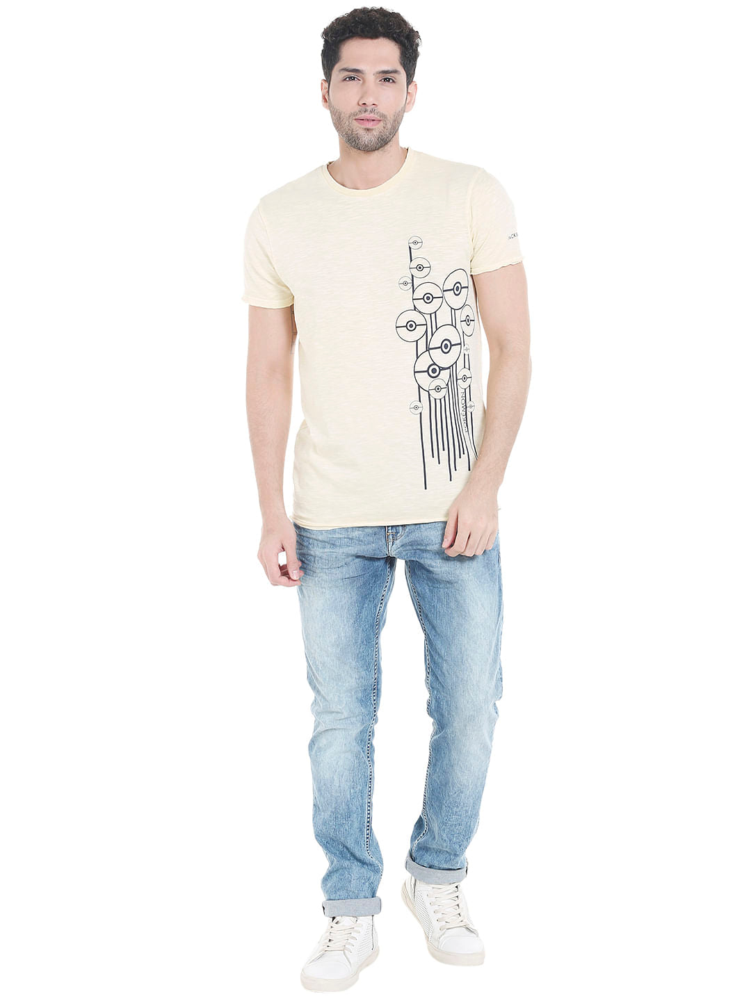 X Pokemon Light Yellow Poke Ball Print Crew Neck T-Shirt