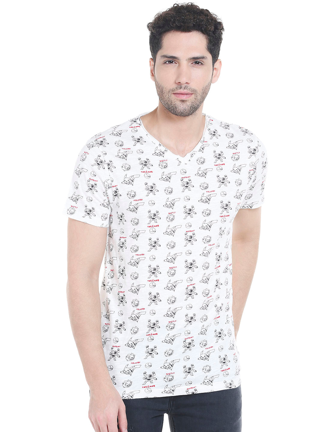X Pokemon White All Over Print V-Neck T-Shirt - S