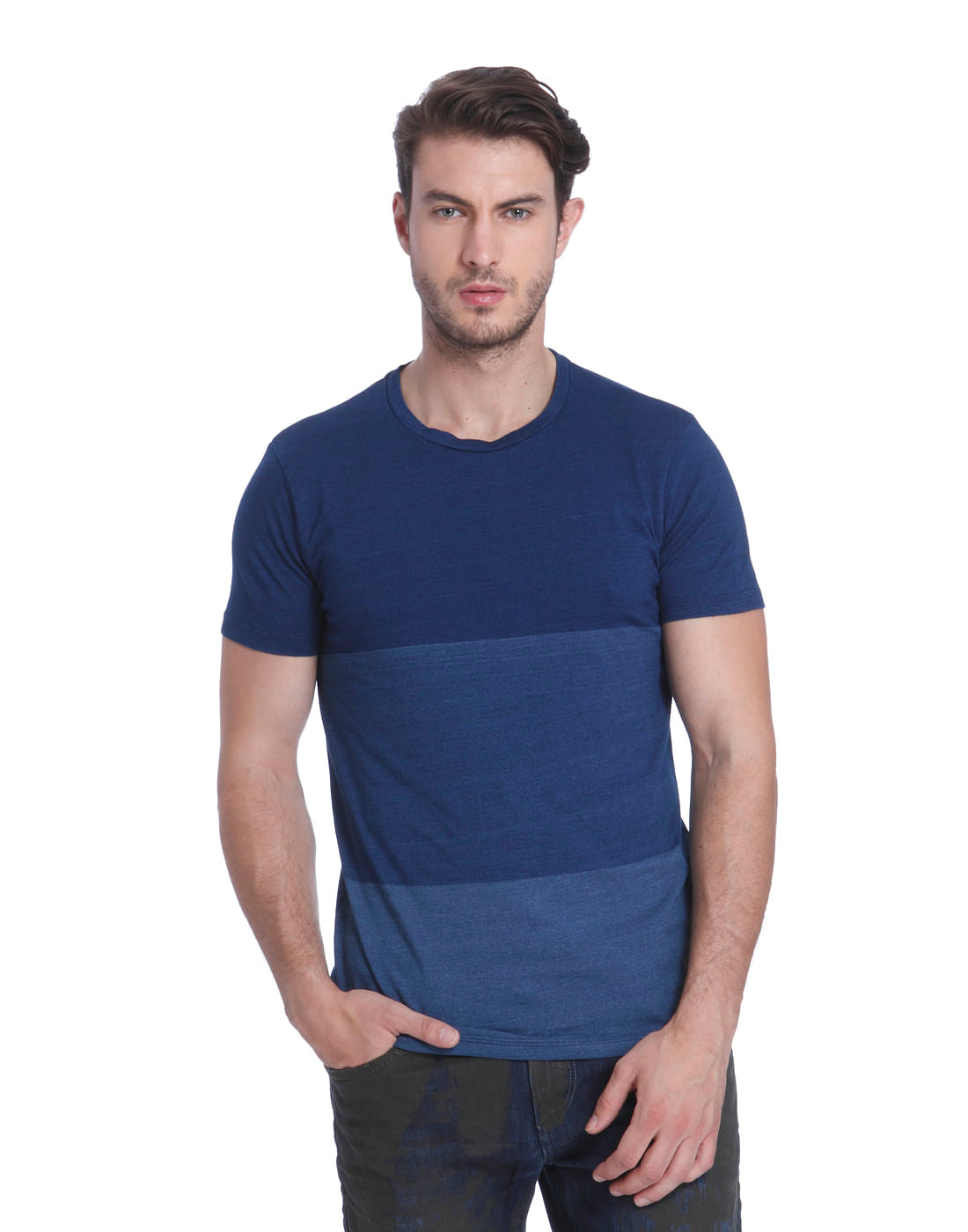 Blue Colour Blocked Crew Neck T-Shirt - S