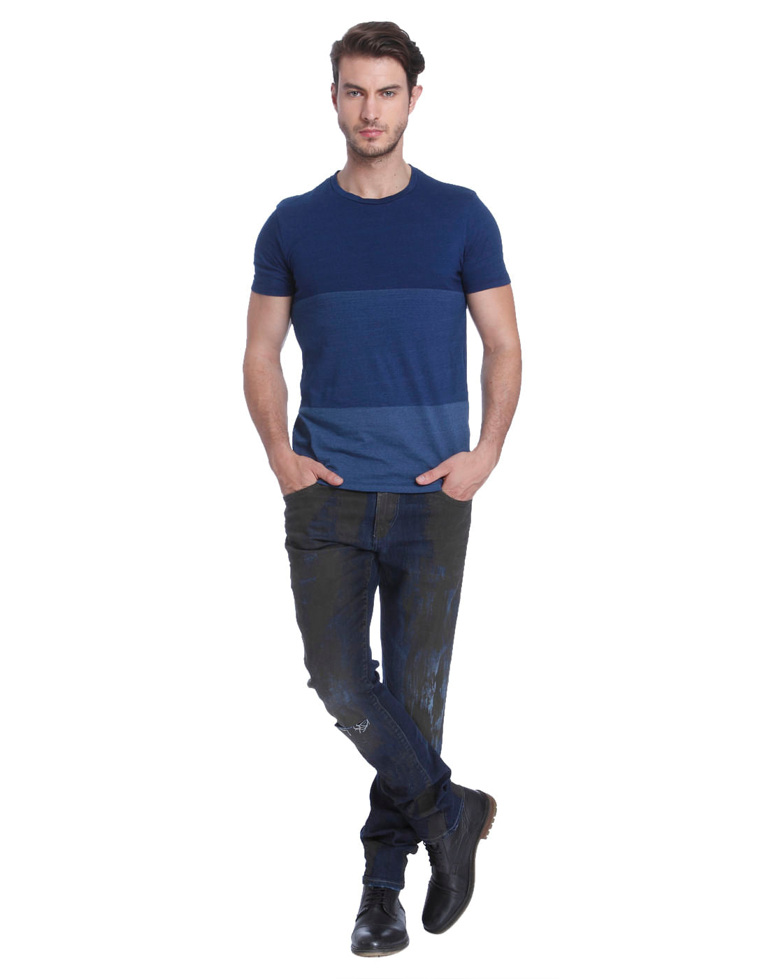 Blue Colour Blocked Crew Neck T-Shirt
