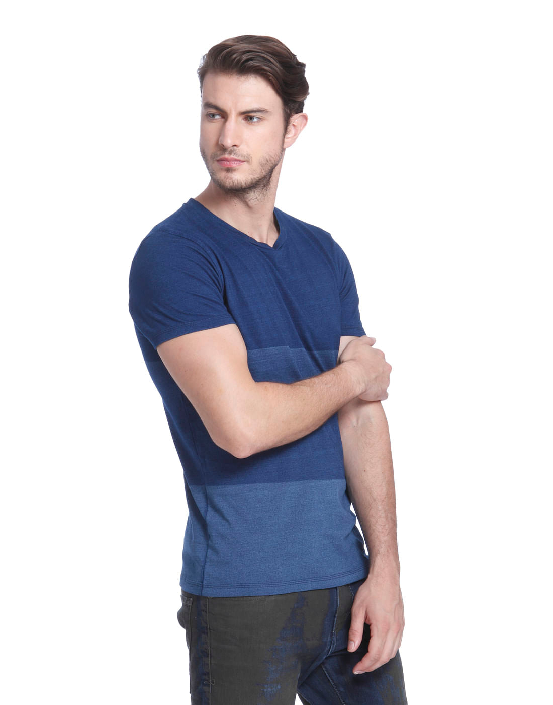 Blue Colour Blocked Crew Neck T-Shirt