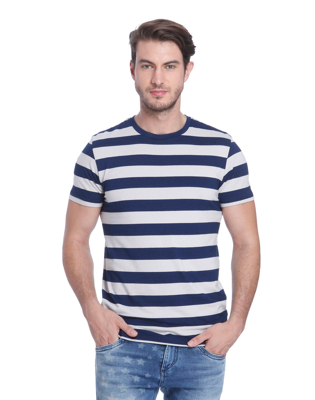 Navy Blue Striped Sailor Crew Neck T-Shirt - S
