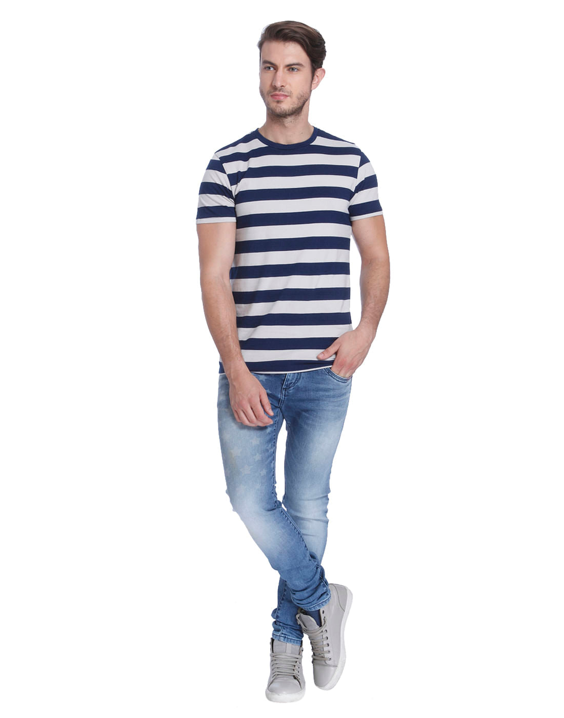 Navy Blue Striped Sailor Crew Neck T-Shirt