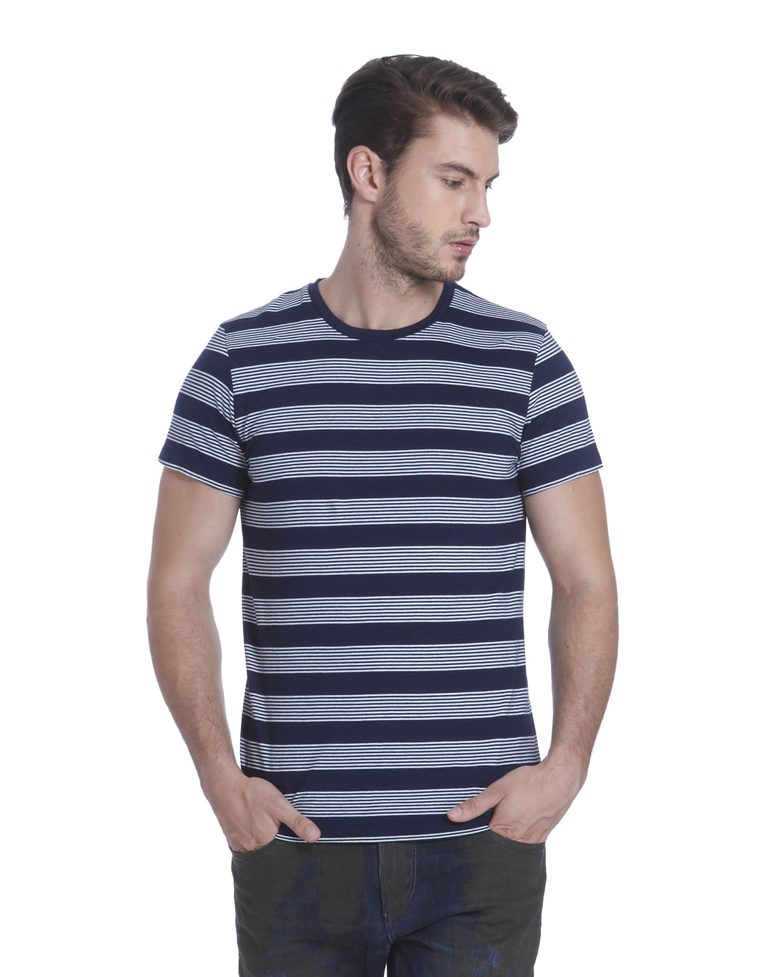 Dark Blue Striped Crew Neck T-Shirt - S