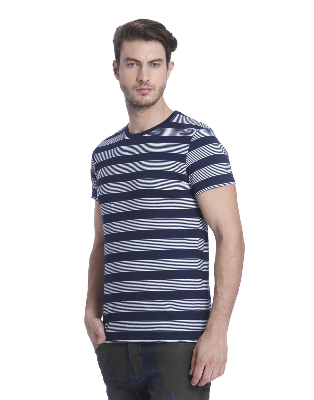 Dark Blue Striped Crew Neck T-Shirt