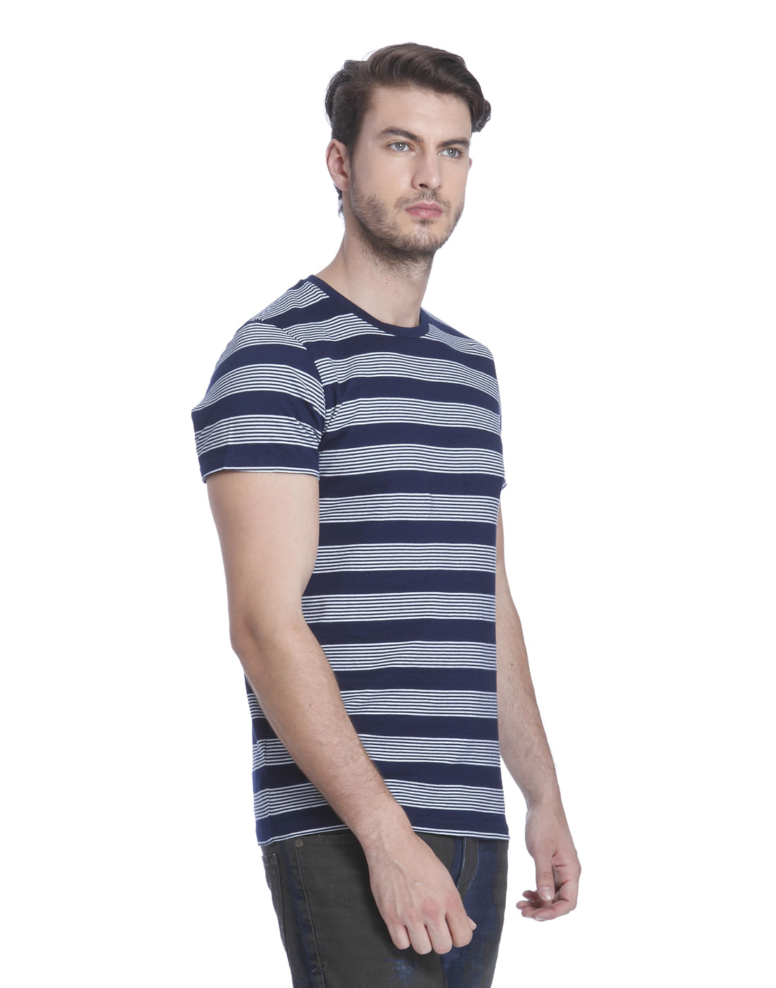 Dark Blue Striped Crew Neck T-Shirt