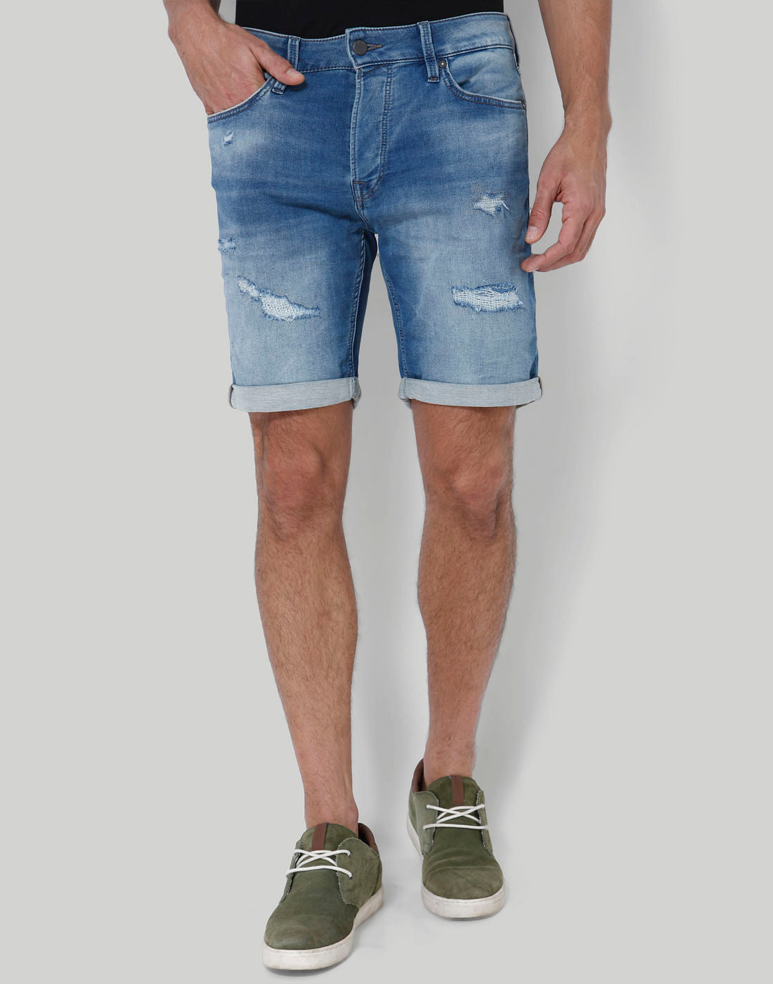 Blue Distressed Mid Rise Slim Fit Denim Shorts - S