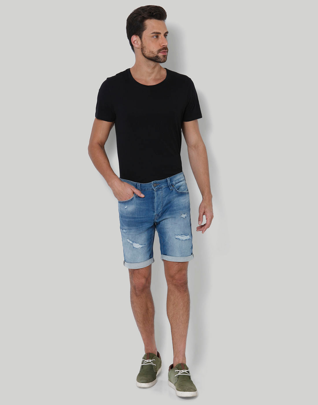 Blue Distressed Mid Rise Slim Fit Denim Shorts