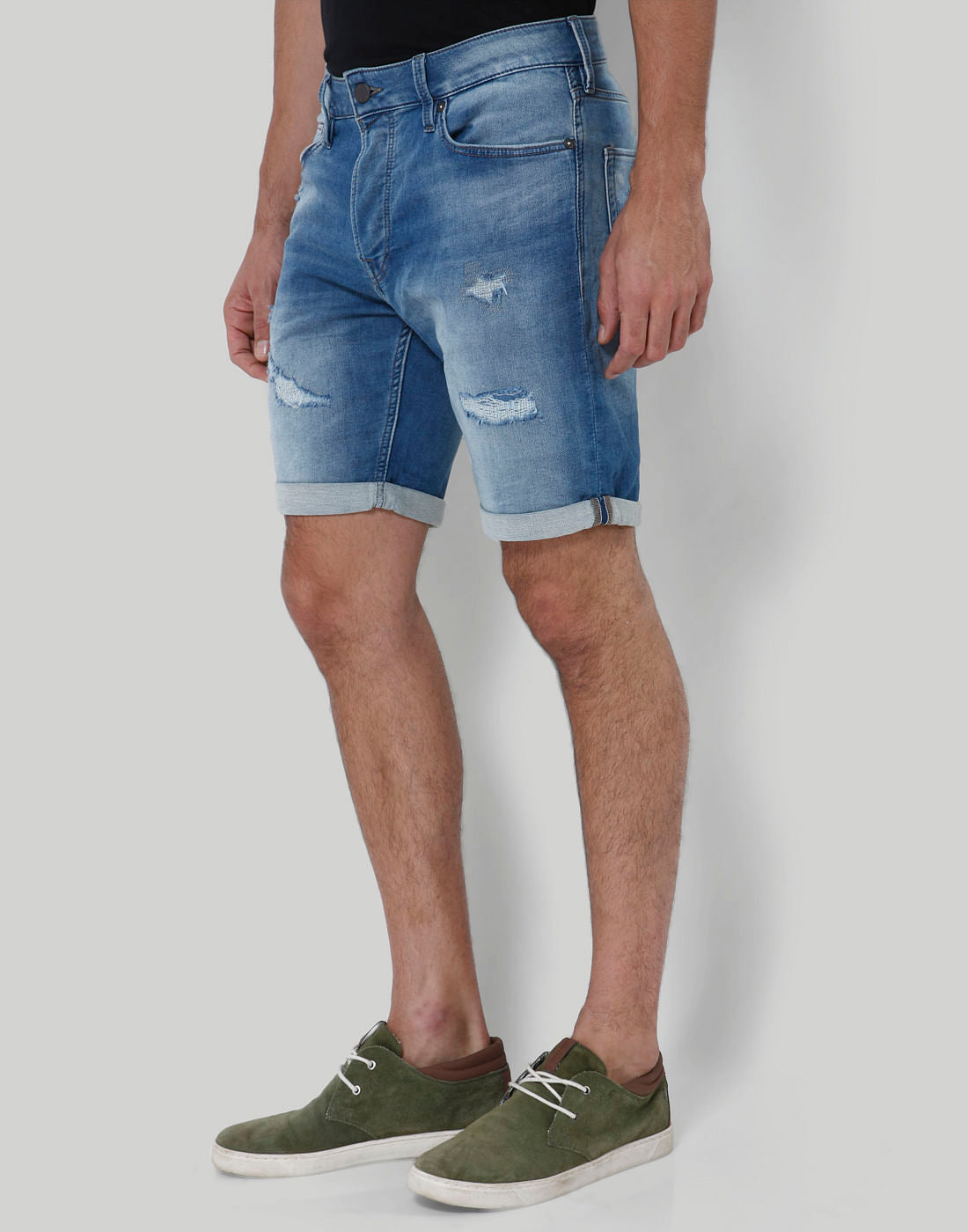 Blue Distressed Mid Rise Slim Fit Denim Shorts