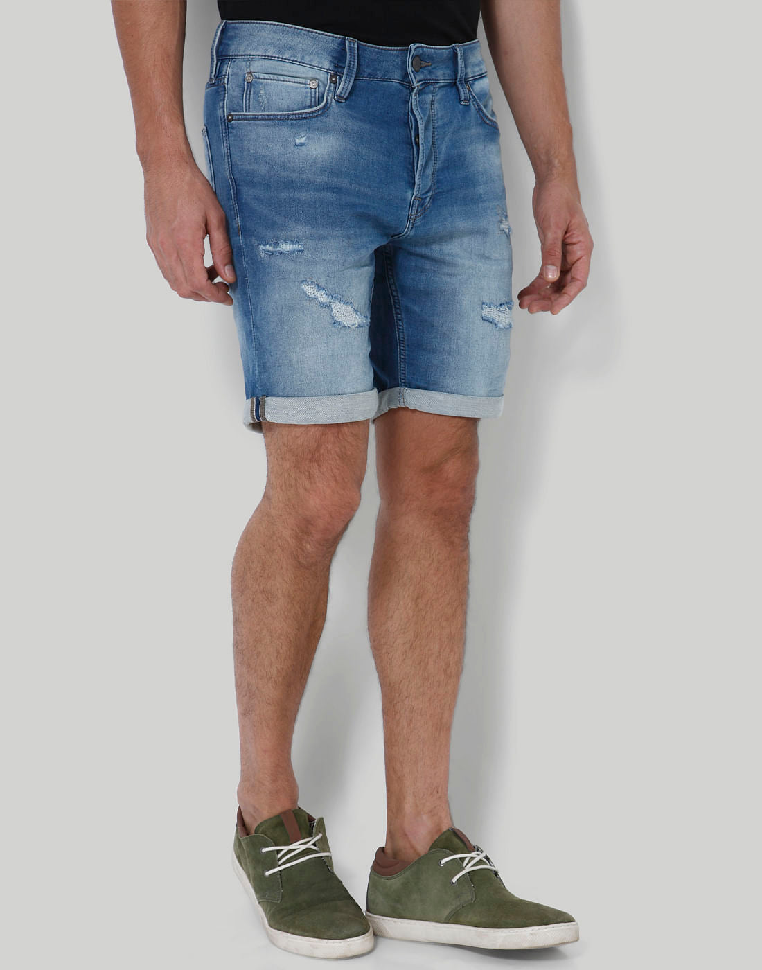 Blue Distressed Mid Rise Slim Fit Denim Shorts