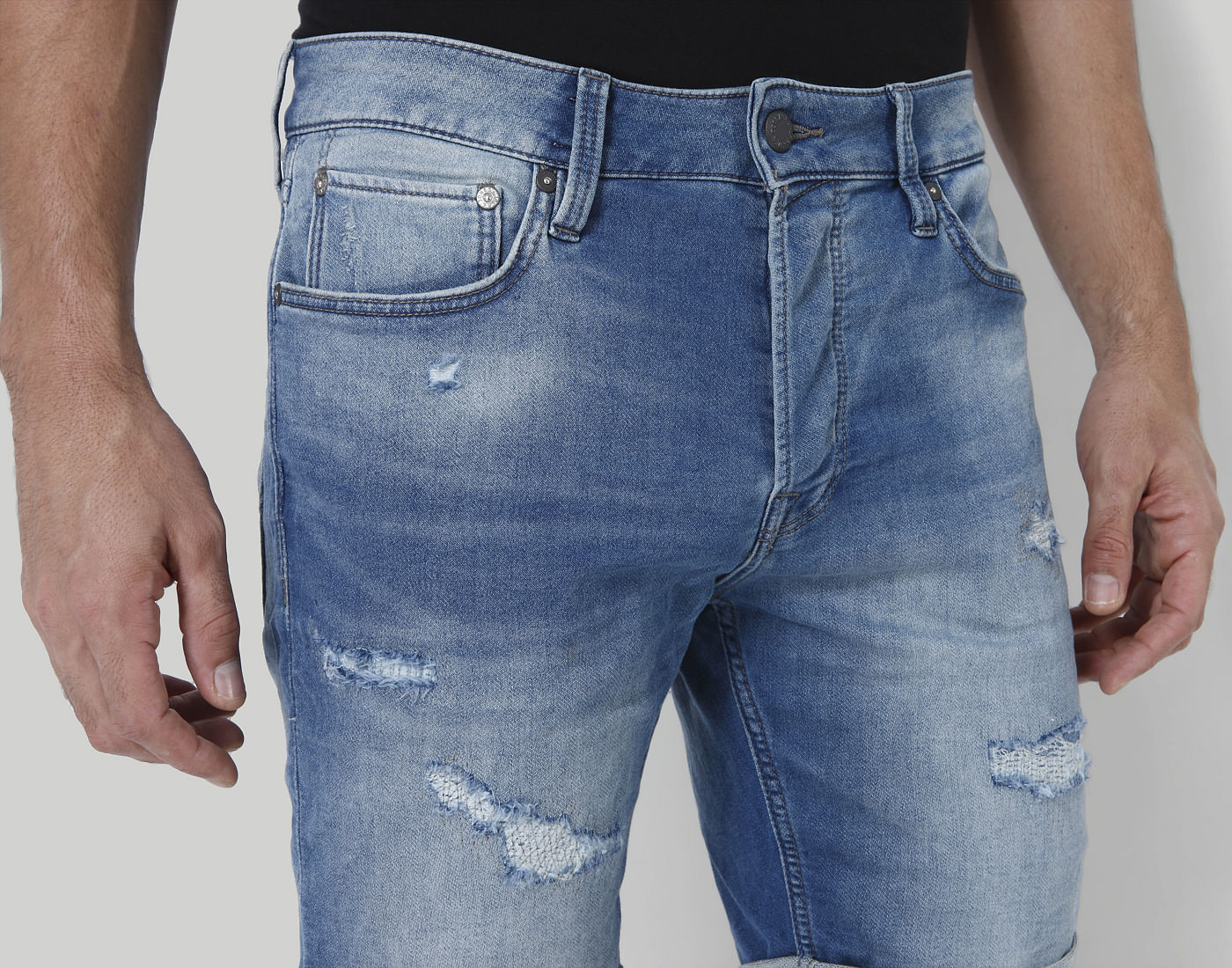 Blue Distressed Mid Rise Slim Fit Denim Shorts