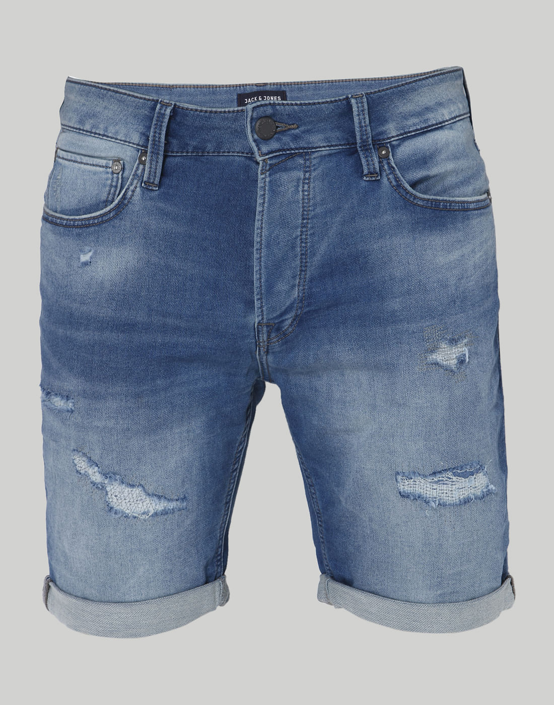 Blue Distressed Mid Rise Slim Fit Denim Shorts