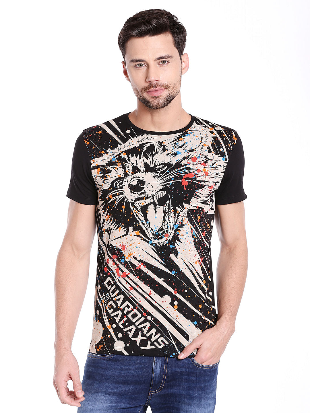 X Guardians Of The Galaxy Rocket Raccoon Print Black Crew Neck T-Shirt - S