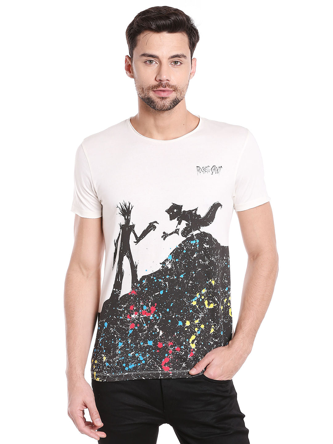 X Guardians Of The Galaxy Rocket Raccoon And Groot Print White Crew Neck T-Shirt - S