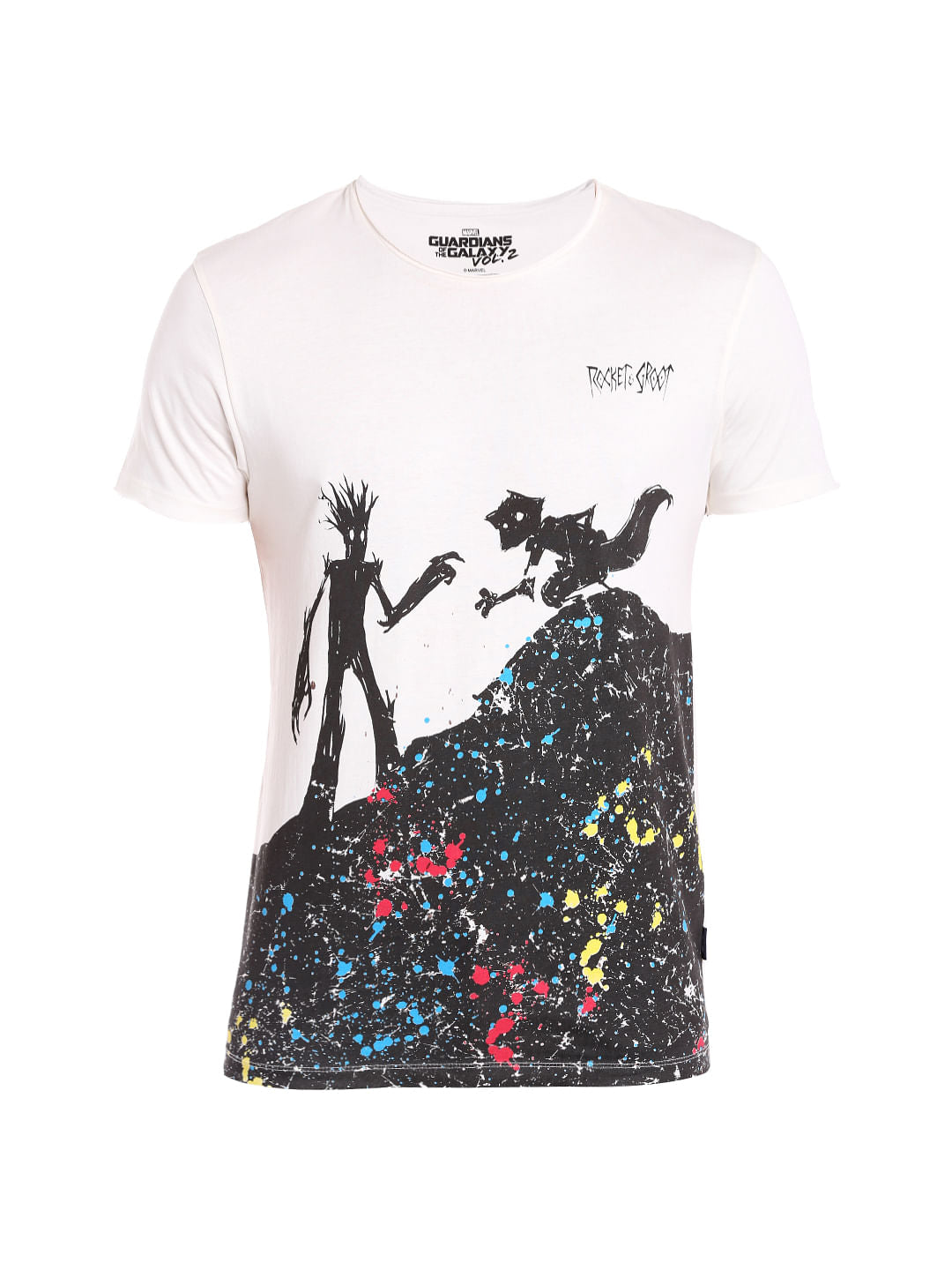 X Guardians Of The Galaxy Rocket Raccoon And Groot Print White Crew Neck T-Shirt