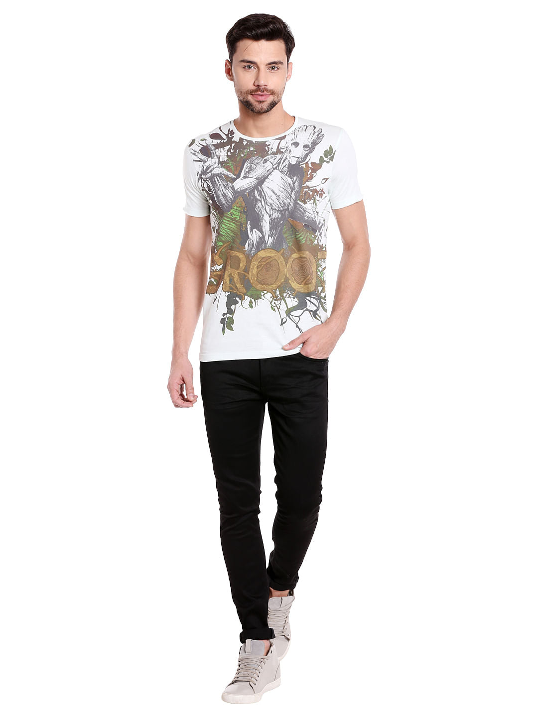 X Guardians Of The Galaxy White Groot Print Crew Neck T-Shirt