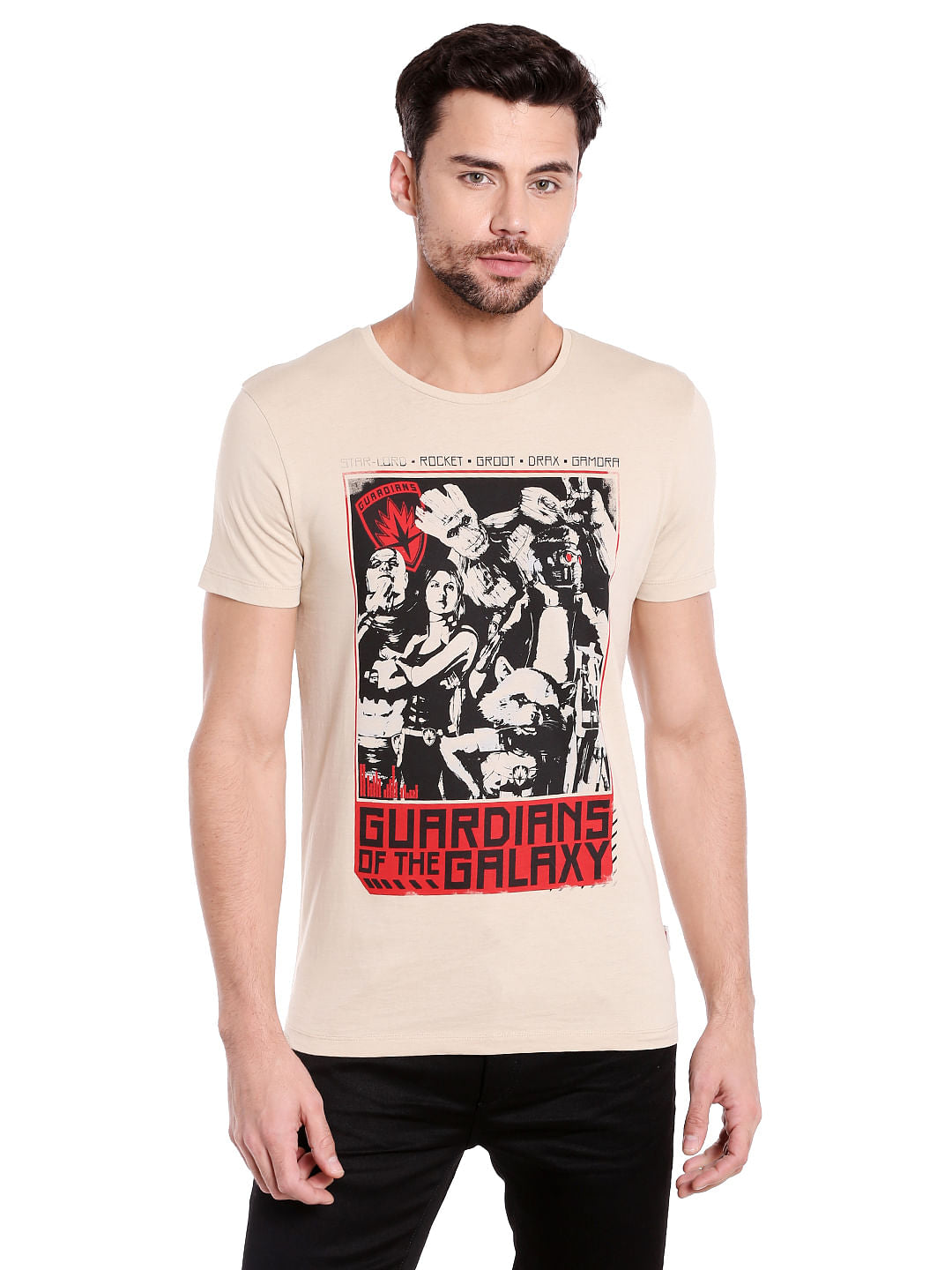 X Guardians Of The Galaxy Graphic Print Beige Crew Neck T-Shirt - S