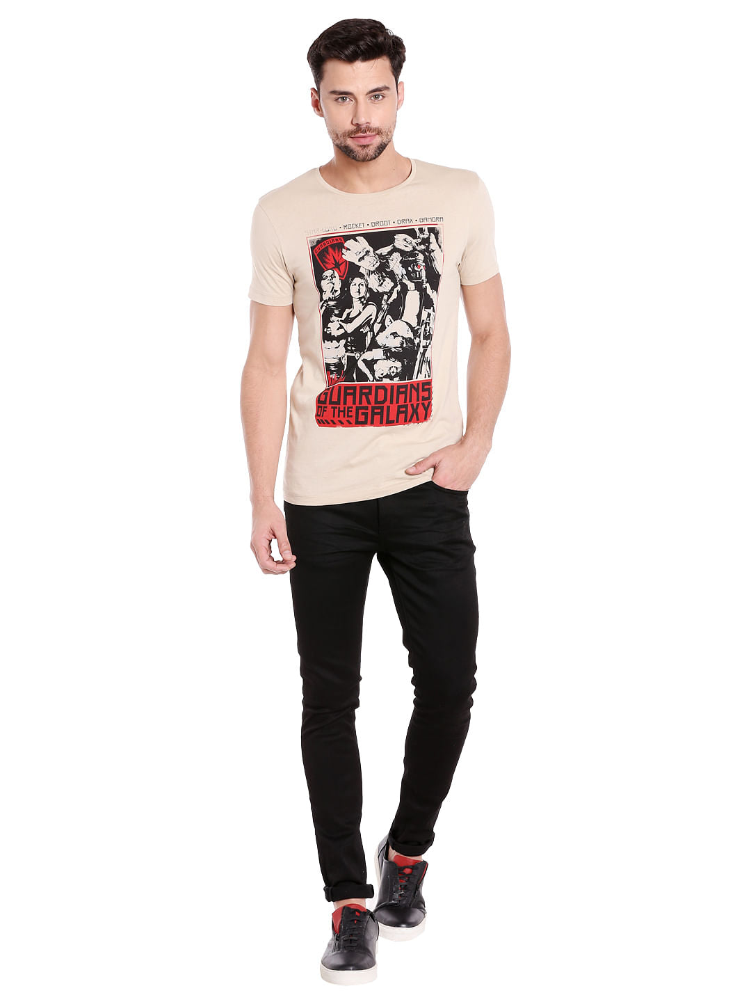 X Guardians Of The Galaxy Graphic Print Beige Crew Neck T-Shirt