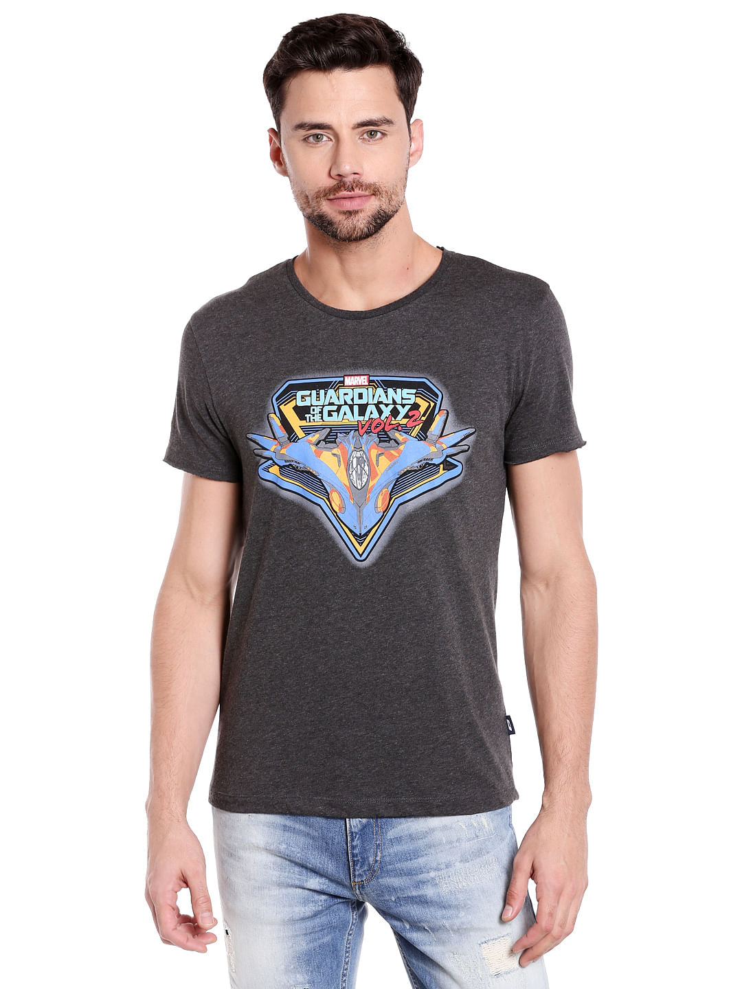 X Guardians Of The Galaxy Graphic Print Dark Grey Crew Neck T-Shirt