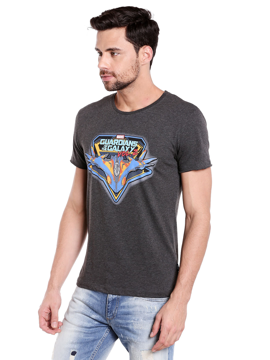 X Guardians Of The Galaxy Graphic Print Dark Grey Crew Neck T-Shirt