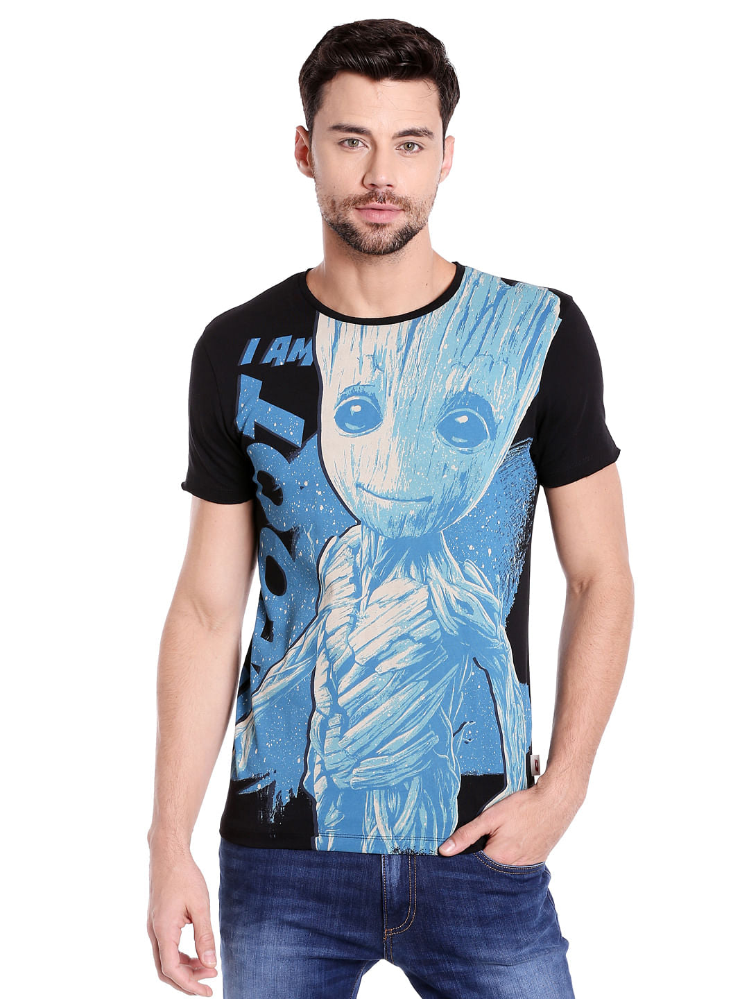 X Guardians Of The Galaxy Groot Print Black & Blue Crew Neck T-Shirt - S