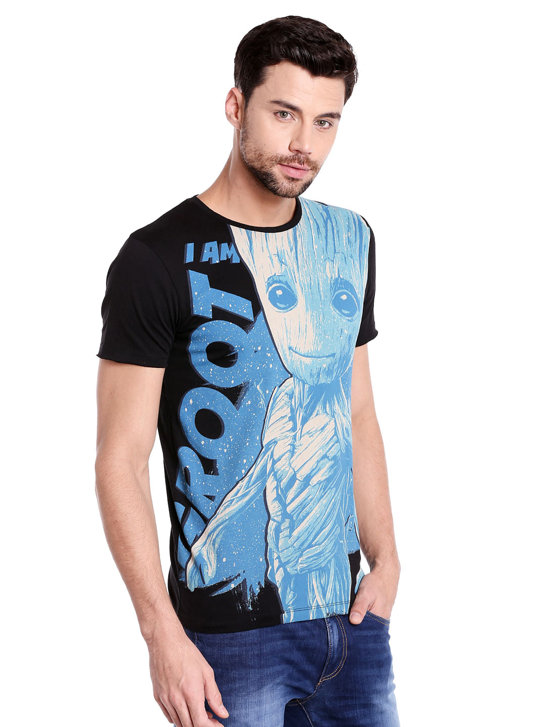 X Guardians Of The Galaxy Groot Print Black & Blue Crew Neck T-Shirt
