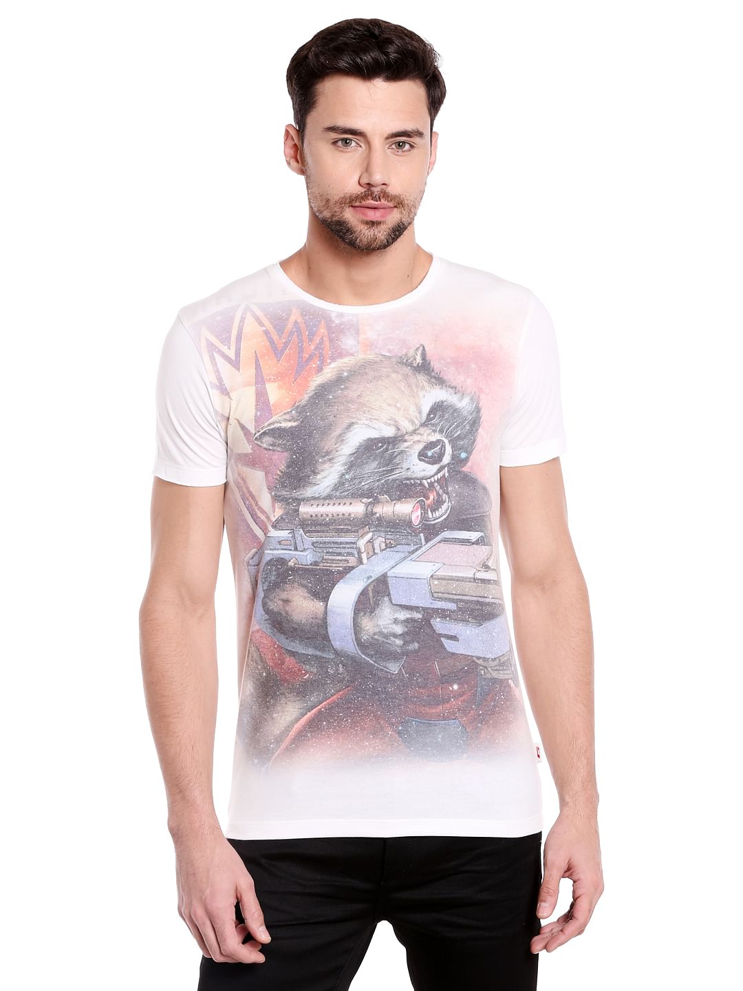X Guardians Of The Galaxy Rocket Raccoon Print White Crew Neck T-Shirt - S