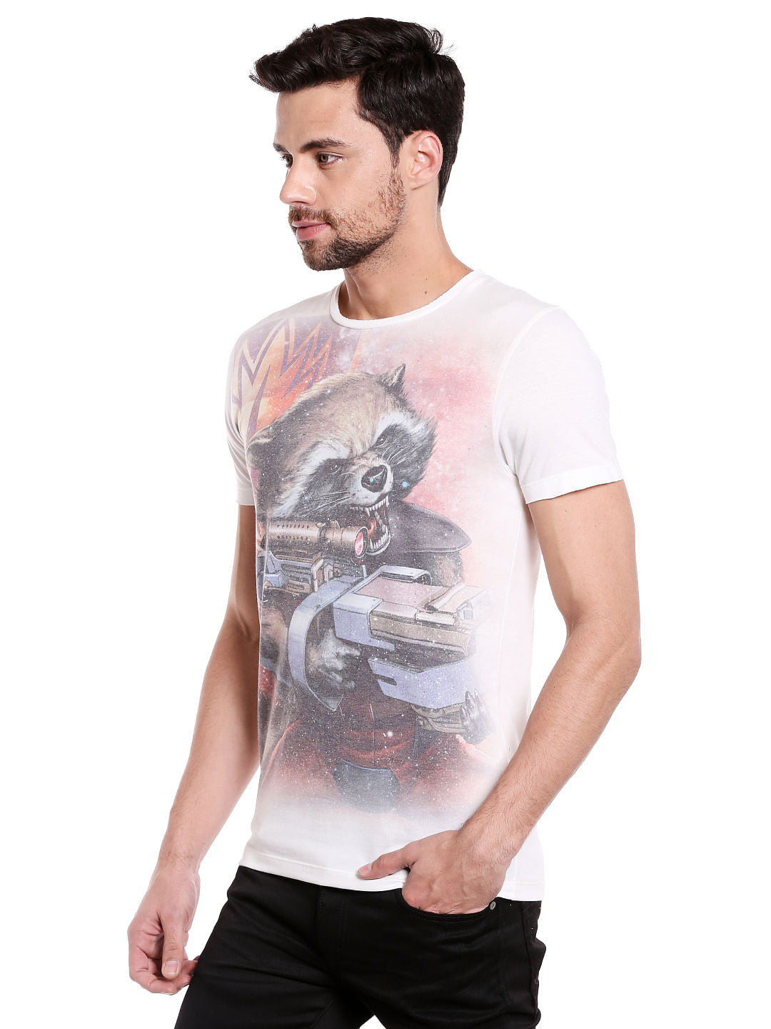 X Guardians Of The Galaxy Rocket Raccoon Print White Crew Neck T-Shirt