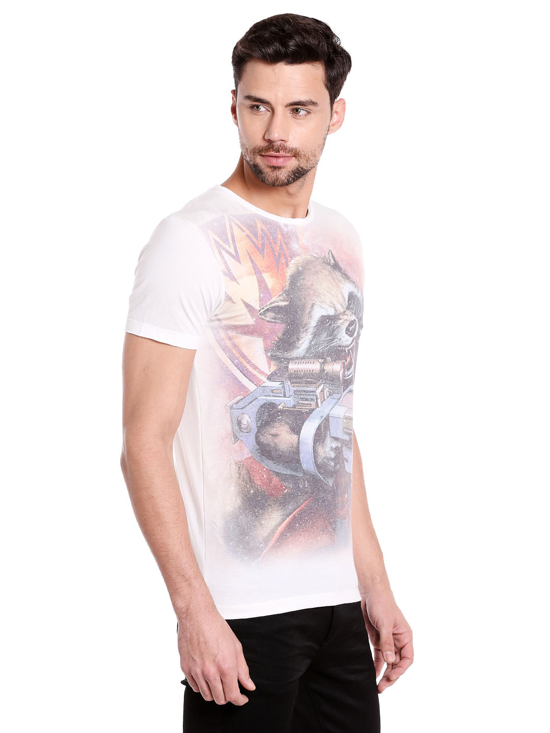 X Guardians Of The Galaxy Rocket Raccoon Print White Crew Neck T-Shirt