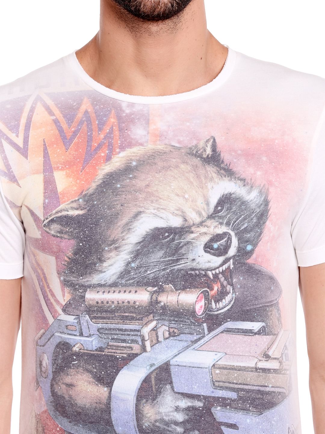 X Guardians Of The Galaxy Rocket Raccoon Print White Crew Neck T-Shirt