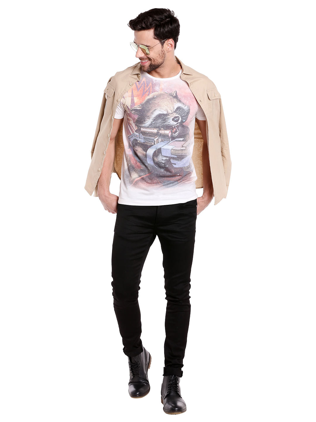 X Guardians Of The Galaxy Rocket Raccoon Print White Crew Neck T-Shirt