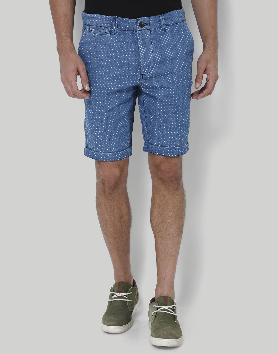 Blue Printed Mid Rise Slim Fit Denim Shorts - S