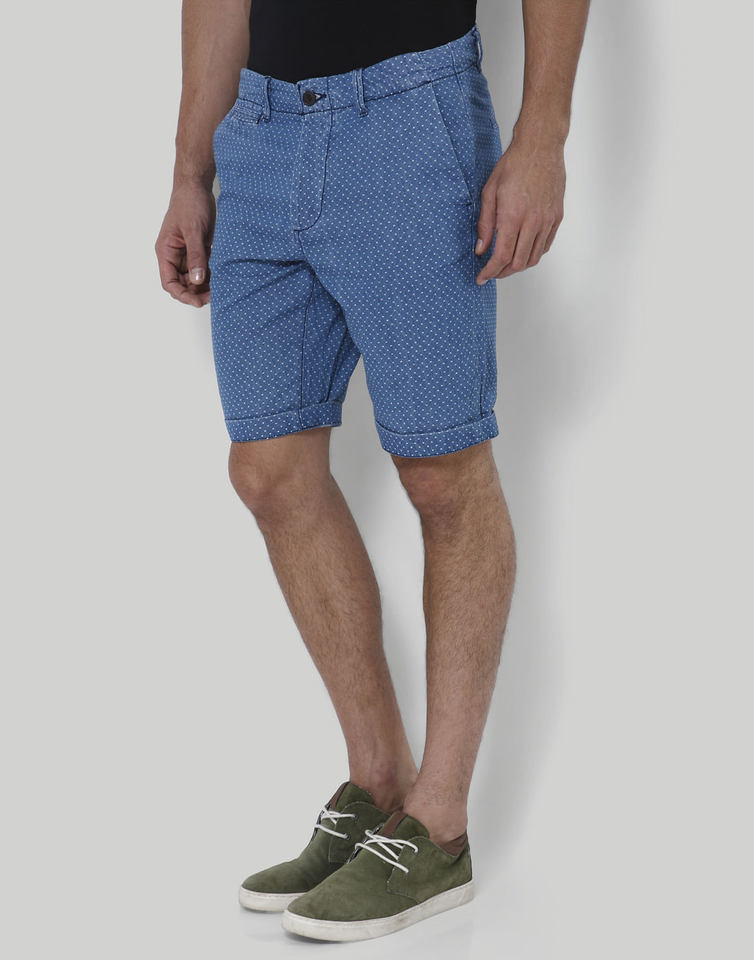 Blue Printed Mid Rise Slim Fit Denim Shorts