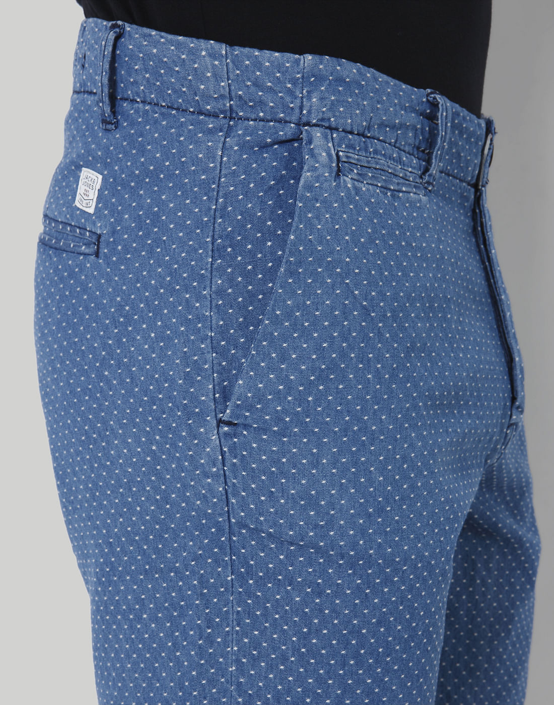 Blue Printed Mid Rise Slim Fit Denim Shorts