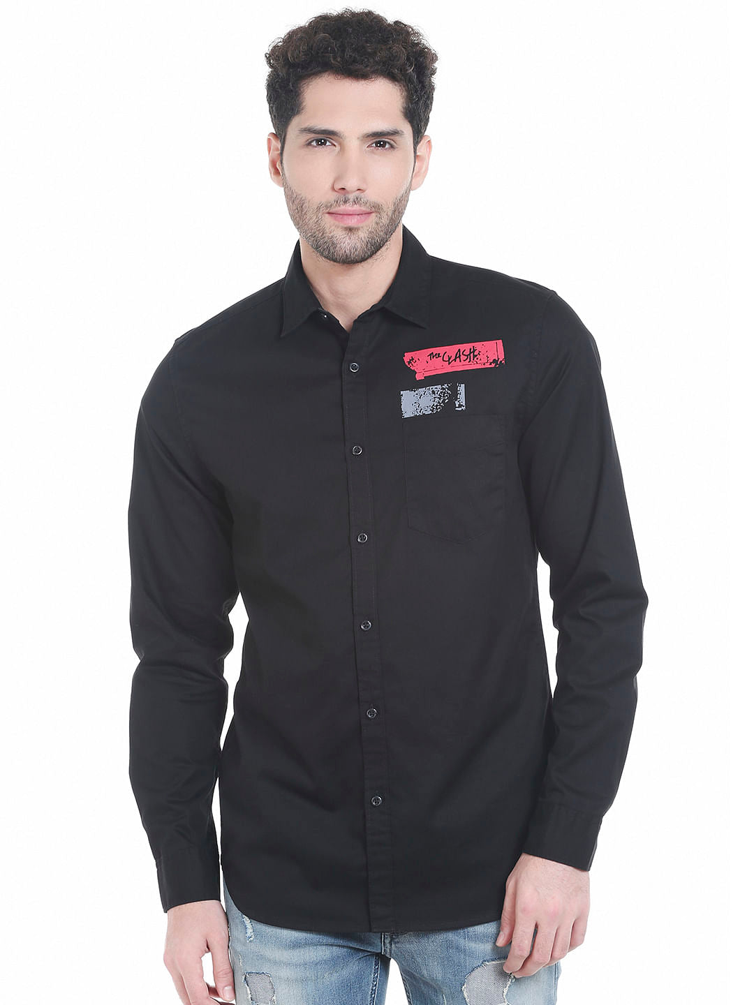 Black Slogan Print Slim Fit Shirt - S