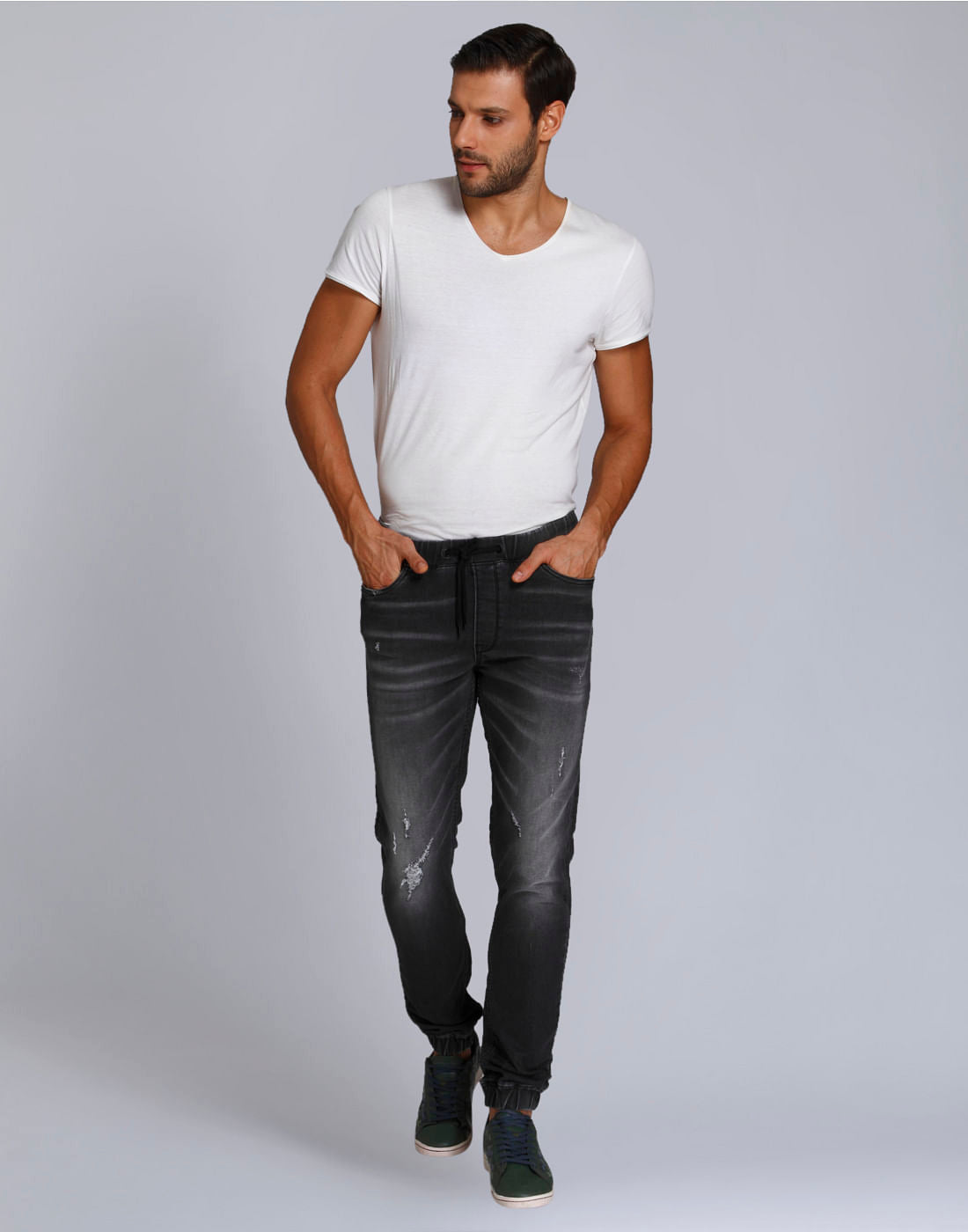 Grey Mild Distressed Skinny Fit Denim Joggers