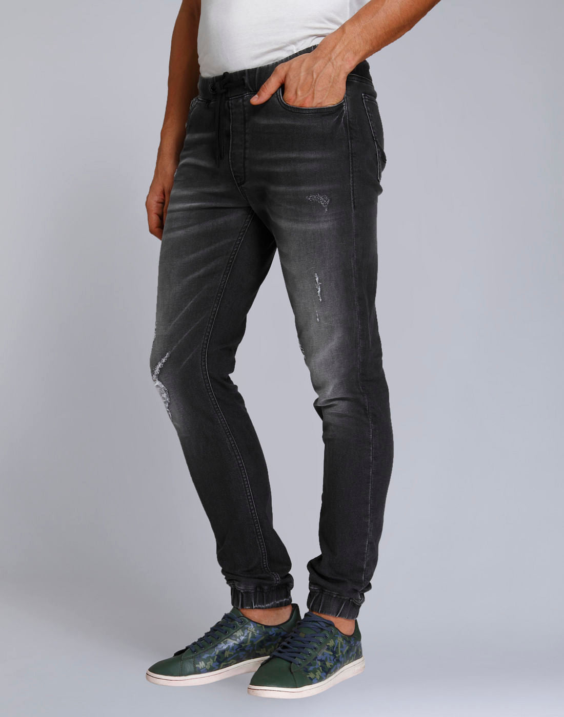 Grey Mild Distressed Skinny Fit Denim Joggers