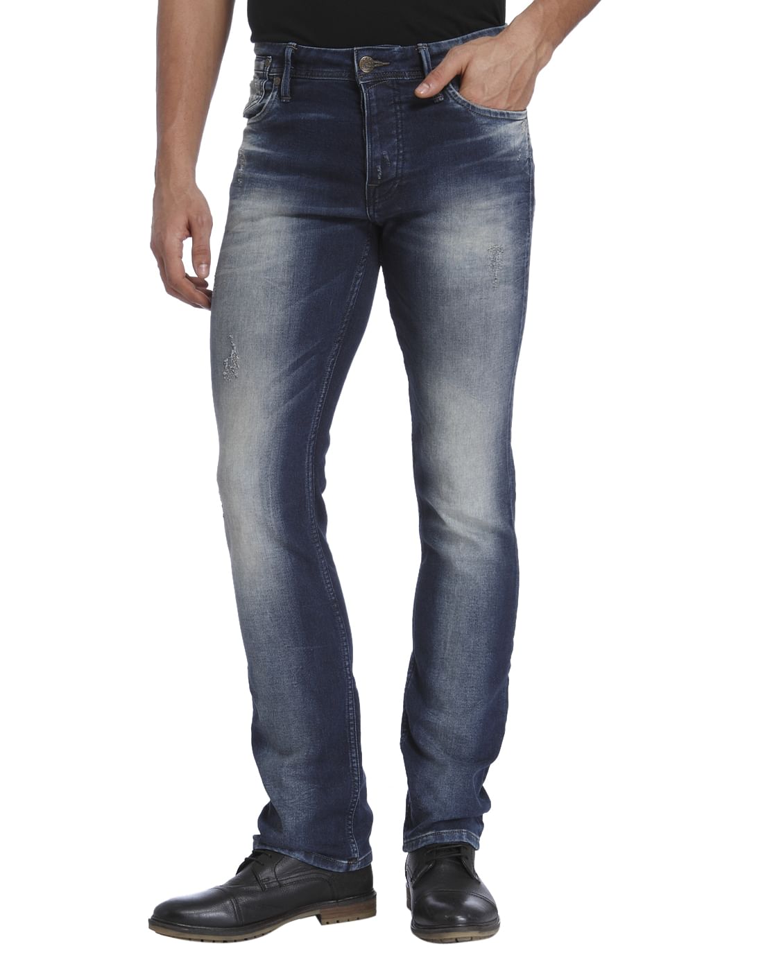 Blue Mild Distressed Mid Rise Regular Fit Jeans - 28/32