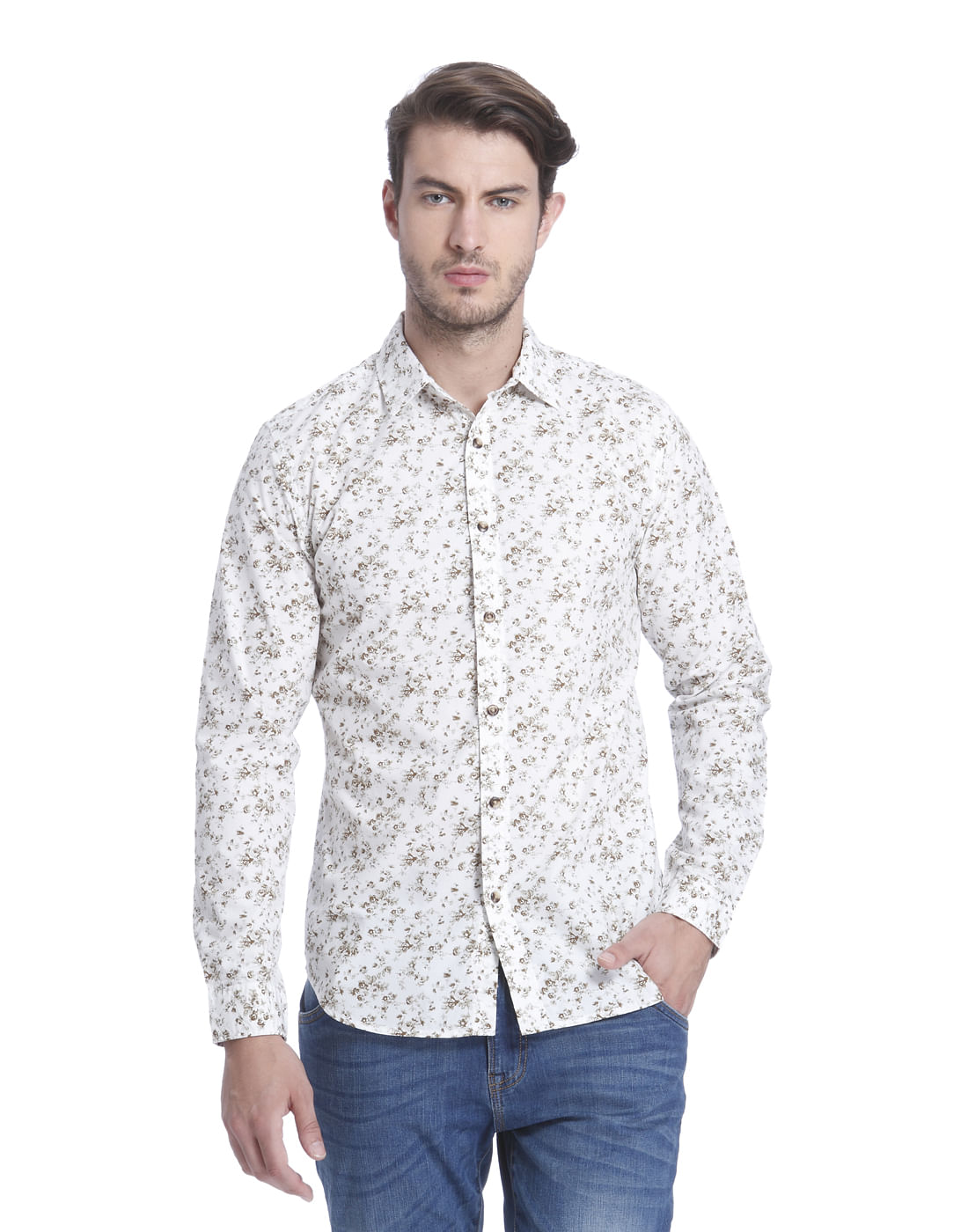 White Floral Print Slim Fit Shirt - S