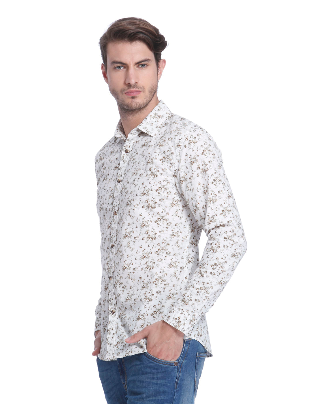 White Floral Print Slim Fit Shirt