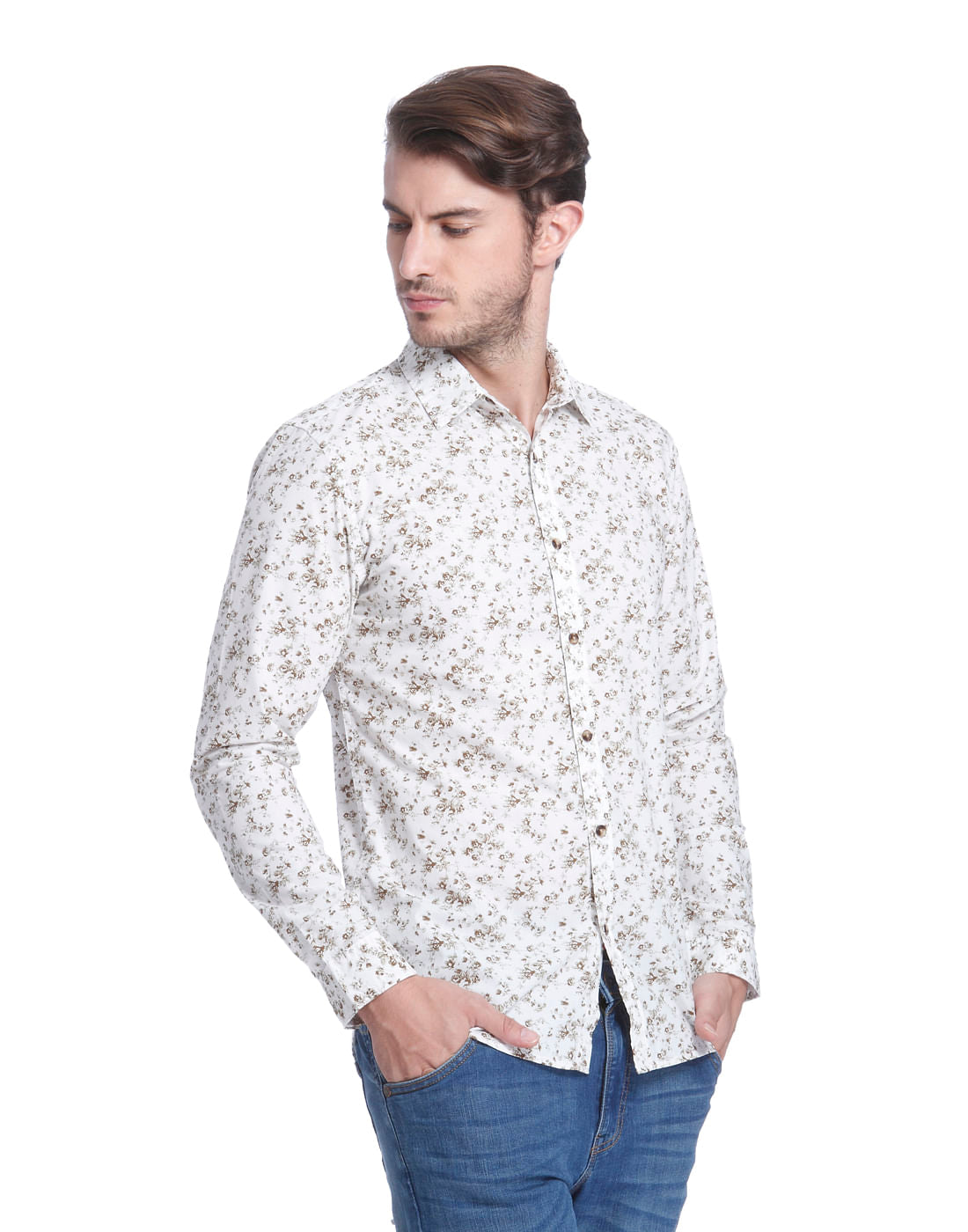 White Floral Print Slim Fit Shirt