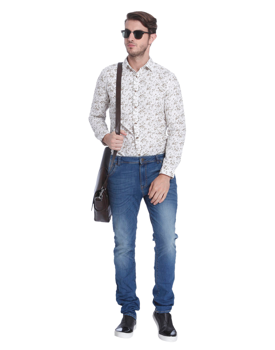White Floral Print Slim Fit Shirt