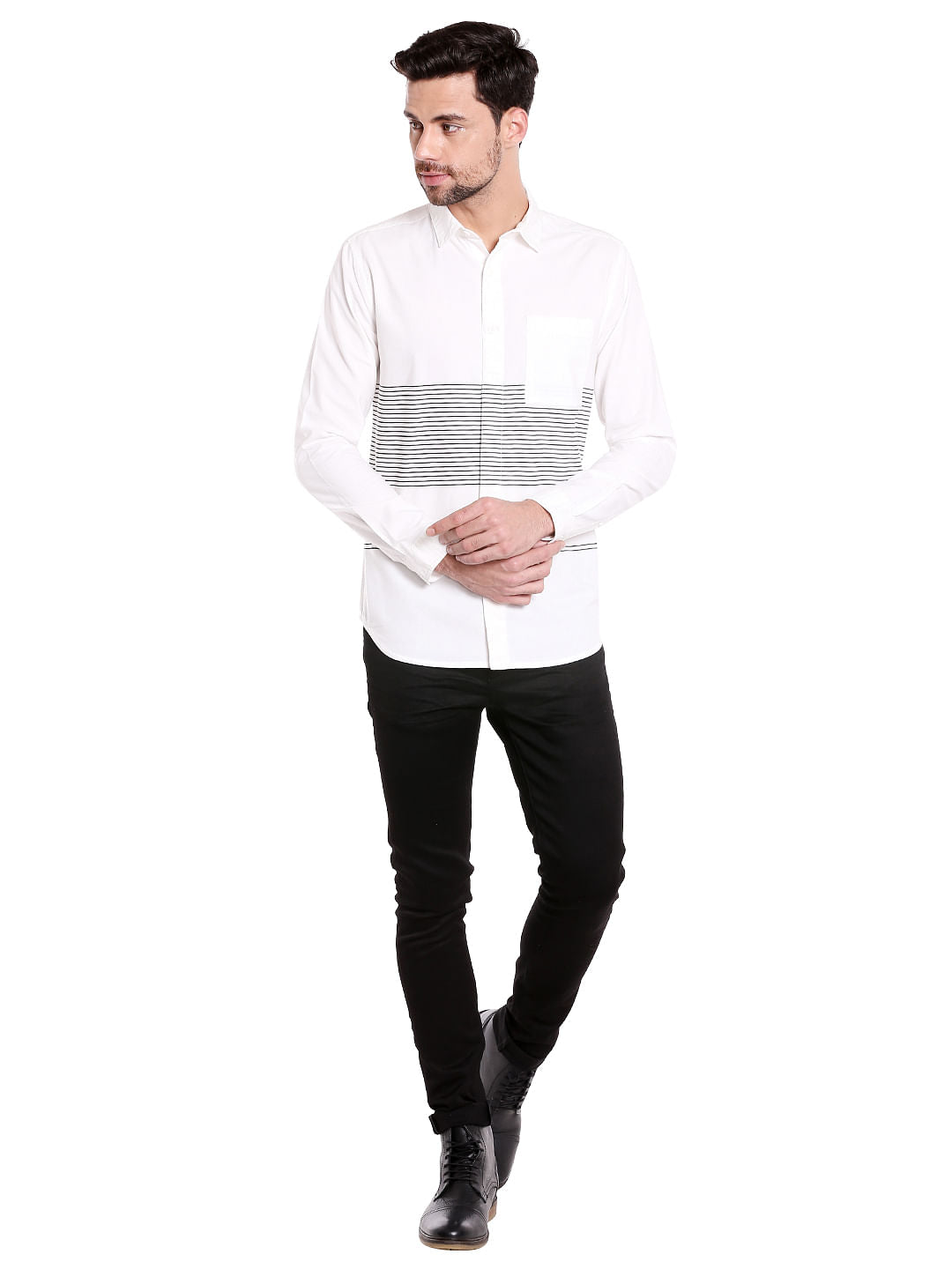White With Black Stripes Slim Fit Shirt