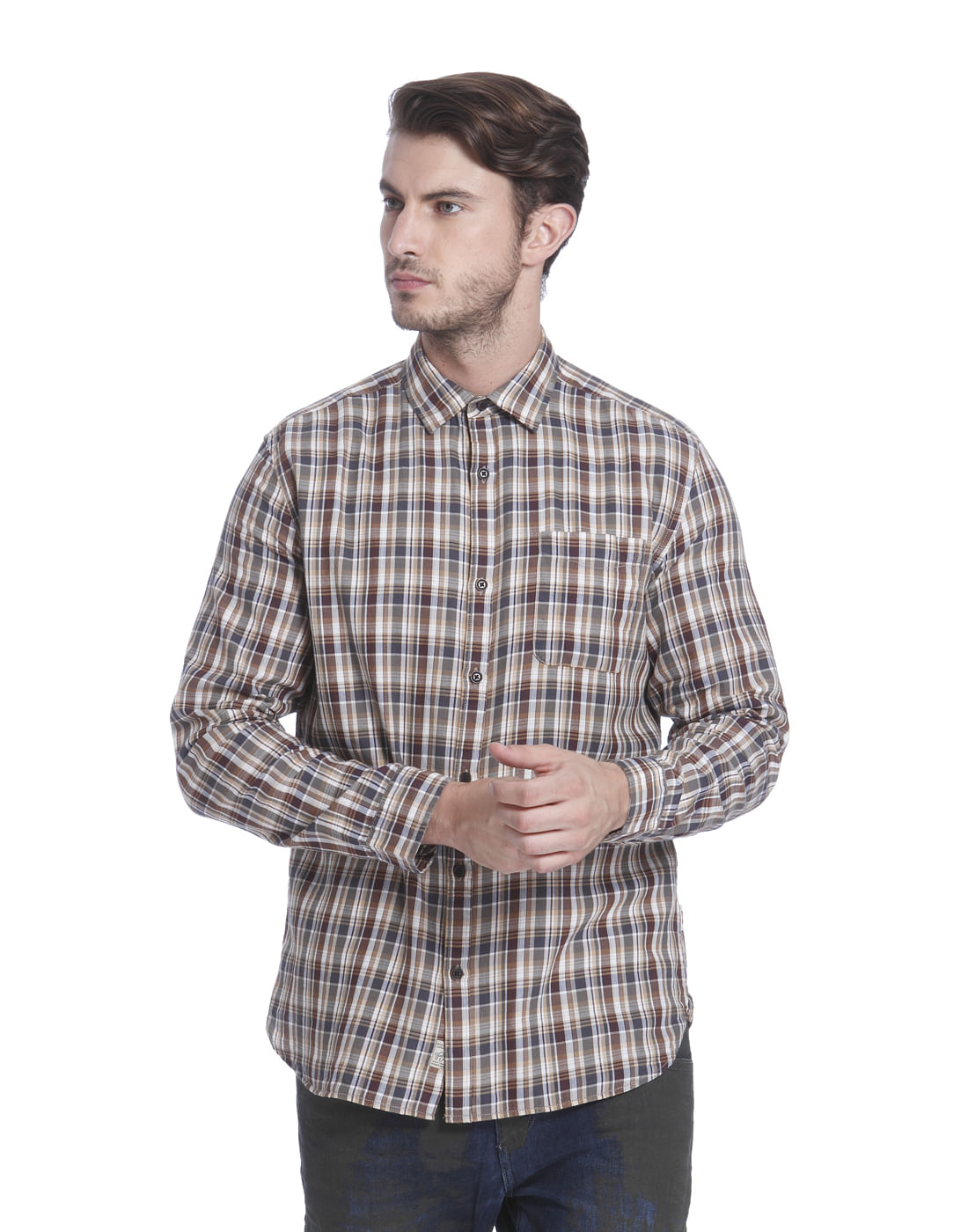Brown Check Slim Fit Shirt - S